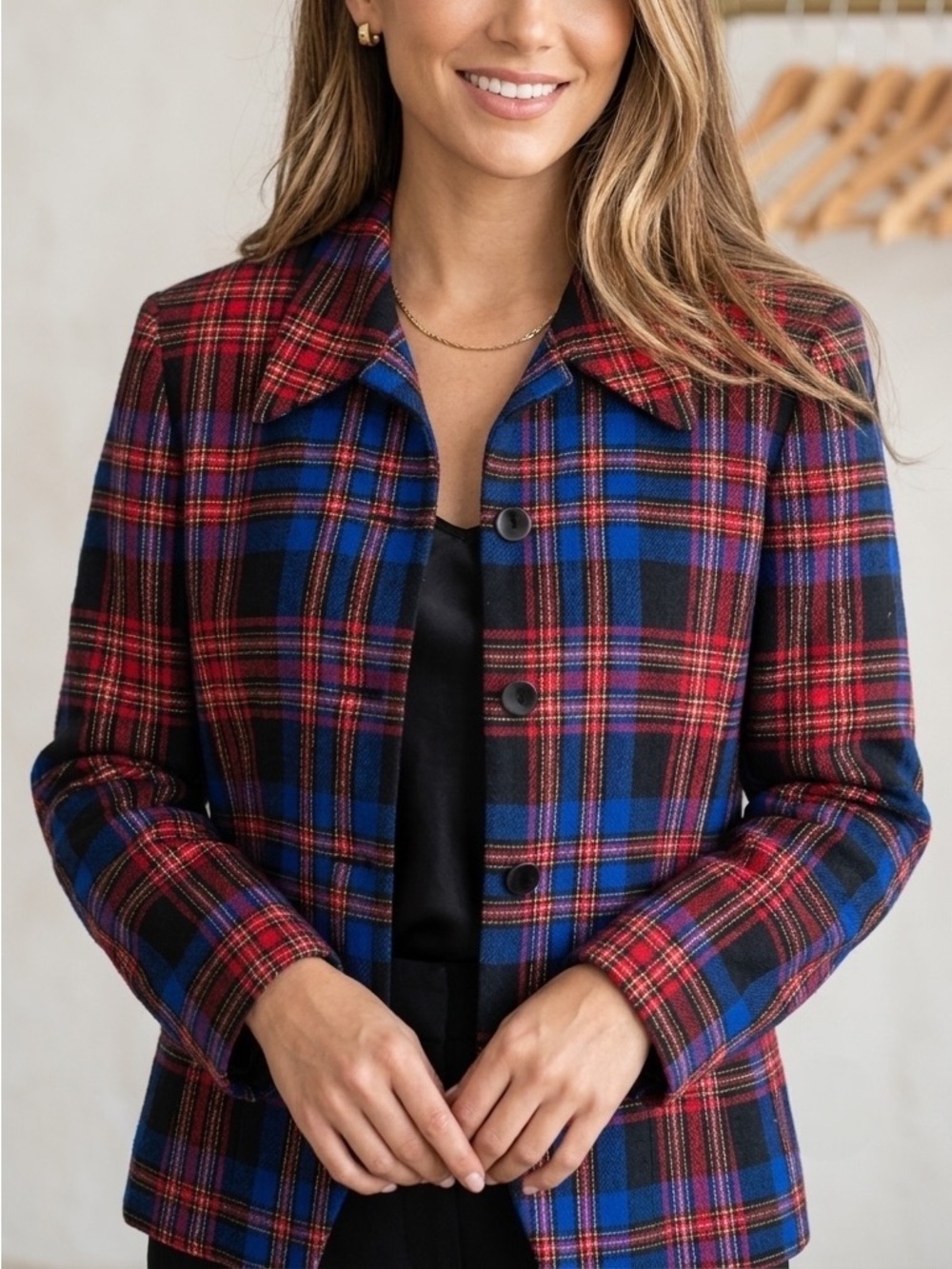 PENDLETON Vintage 100% Virgin Wool Red Blue Tartan Plaid Blazer Jacket Size 14